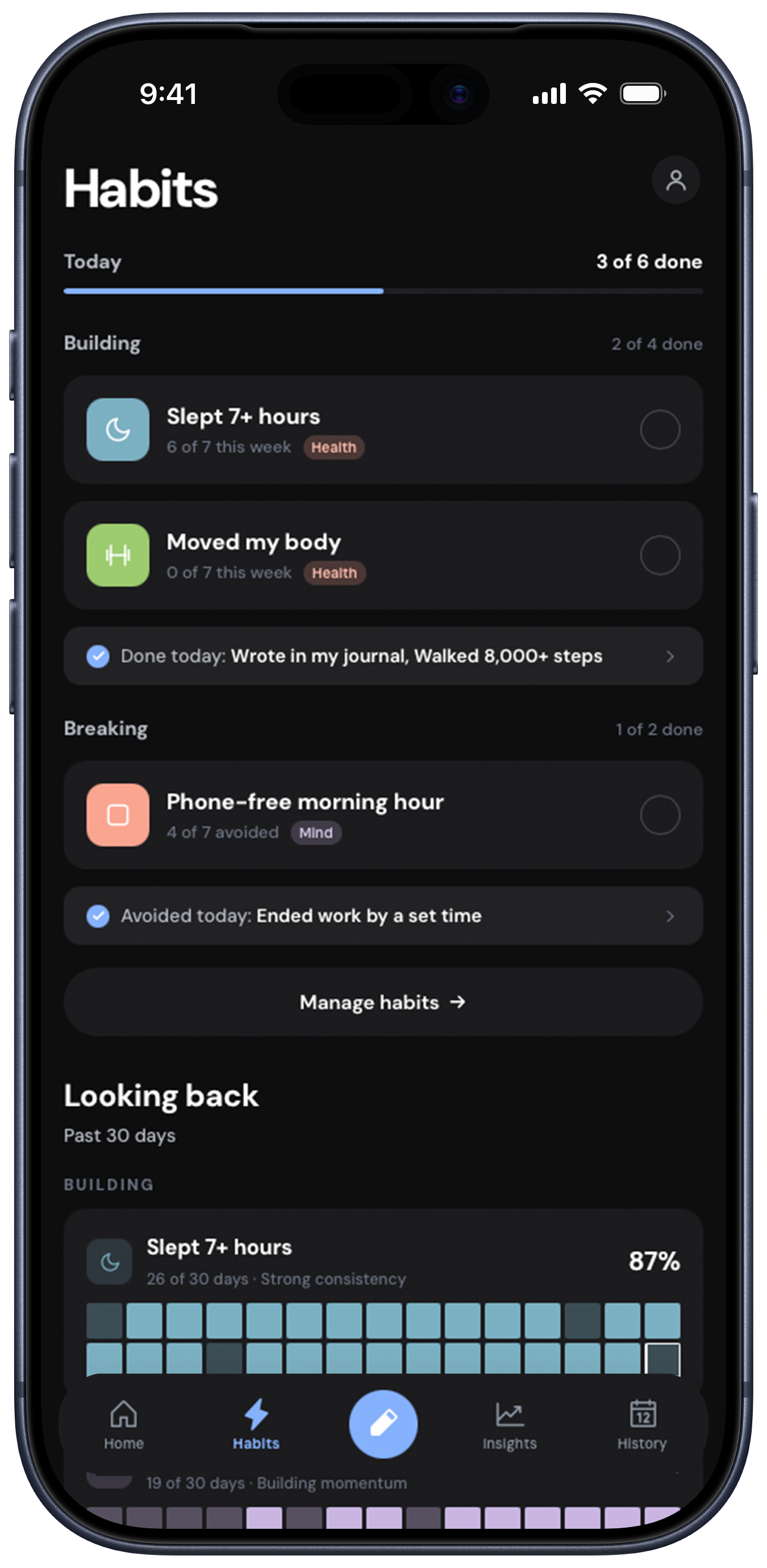 Notice habits screen showing habit tracker
