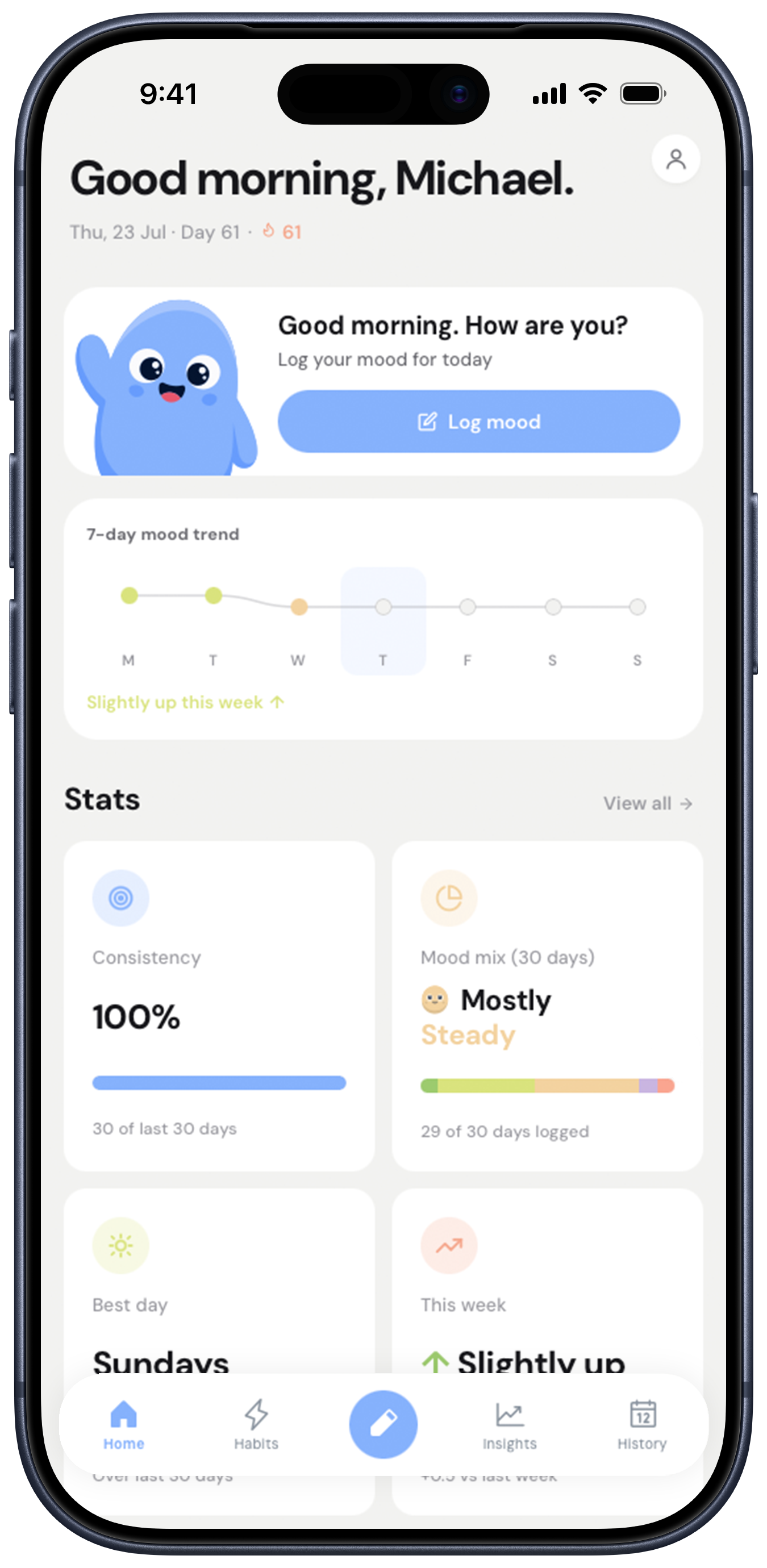 Notice home screen showing mood logging